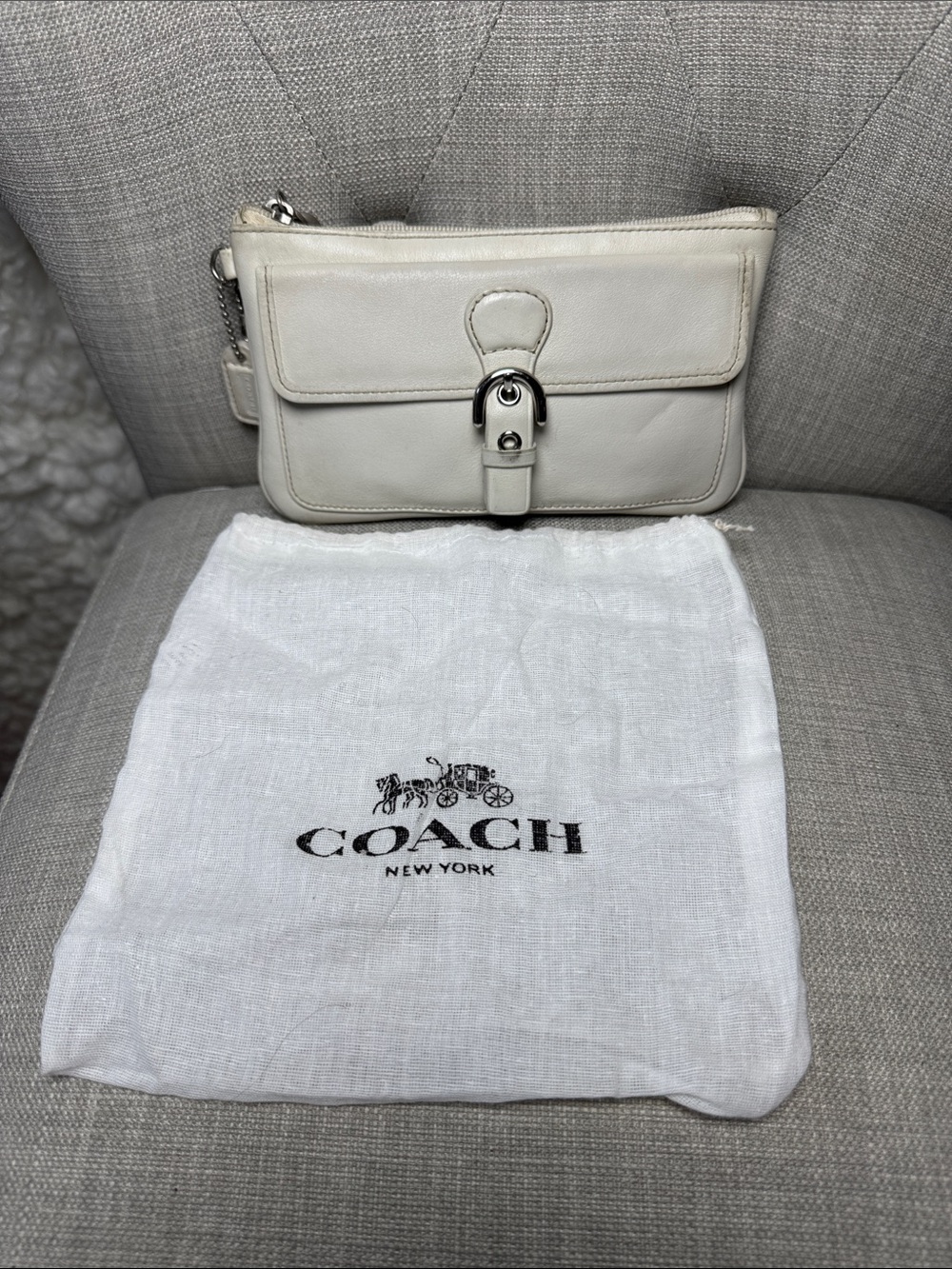 White Leather Wristlet Clutch with Buckle Detail